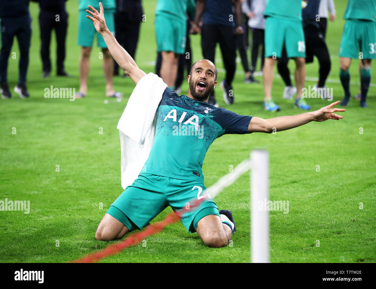 Tottenham Hotspur der Lucas Moura feiert nach dem letzten während der UEFA Champions League, Halbfinale, rückspiel Gleiches an Johan Cruijff ArenA, Amsterdam Pfeifen. Stockfoto