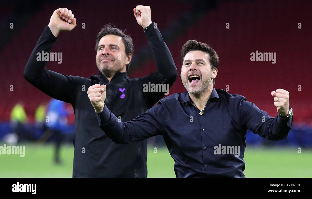 Tottenham Hotspur Manager Mauricio Pochettino feiert den Gewinn der UEFA Champions League, Halbfinale, rückspiel Gleiches an Johan Cruijff ArenA, Amsterdam. Stockfoto
