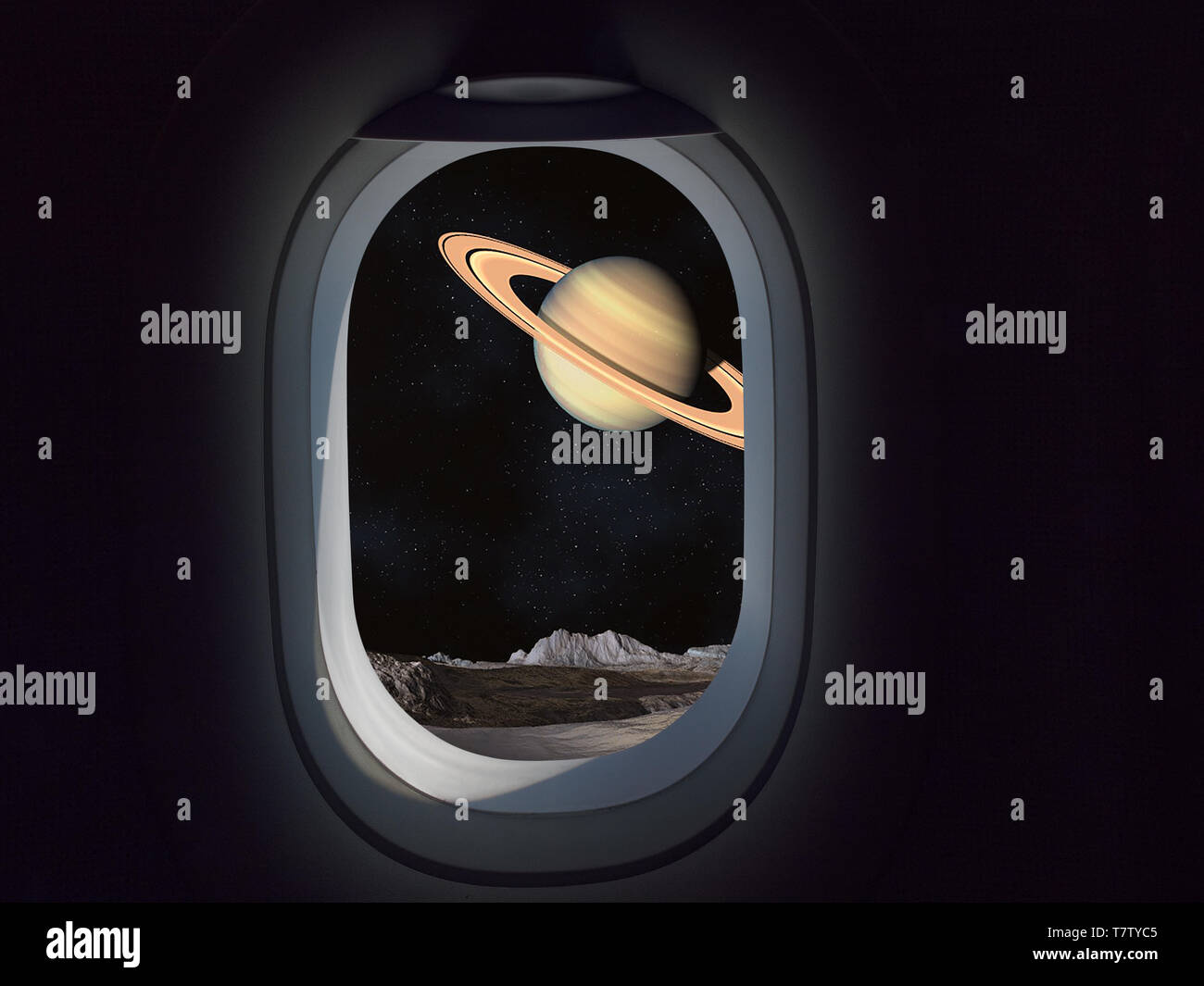 Reisen Raum kommerzielle Konzept. Flugzeug oder Raumschiff Fenster Blick auf Planet mit Ringen Stockfoto