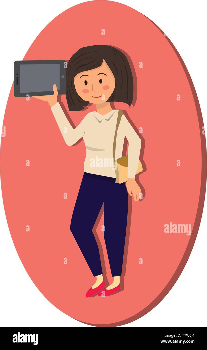 Frau mit digitalen Tablet auf rosa Hintergrund Vector Illustration Cartoon Stock Vektor