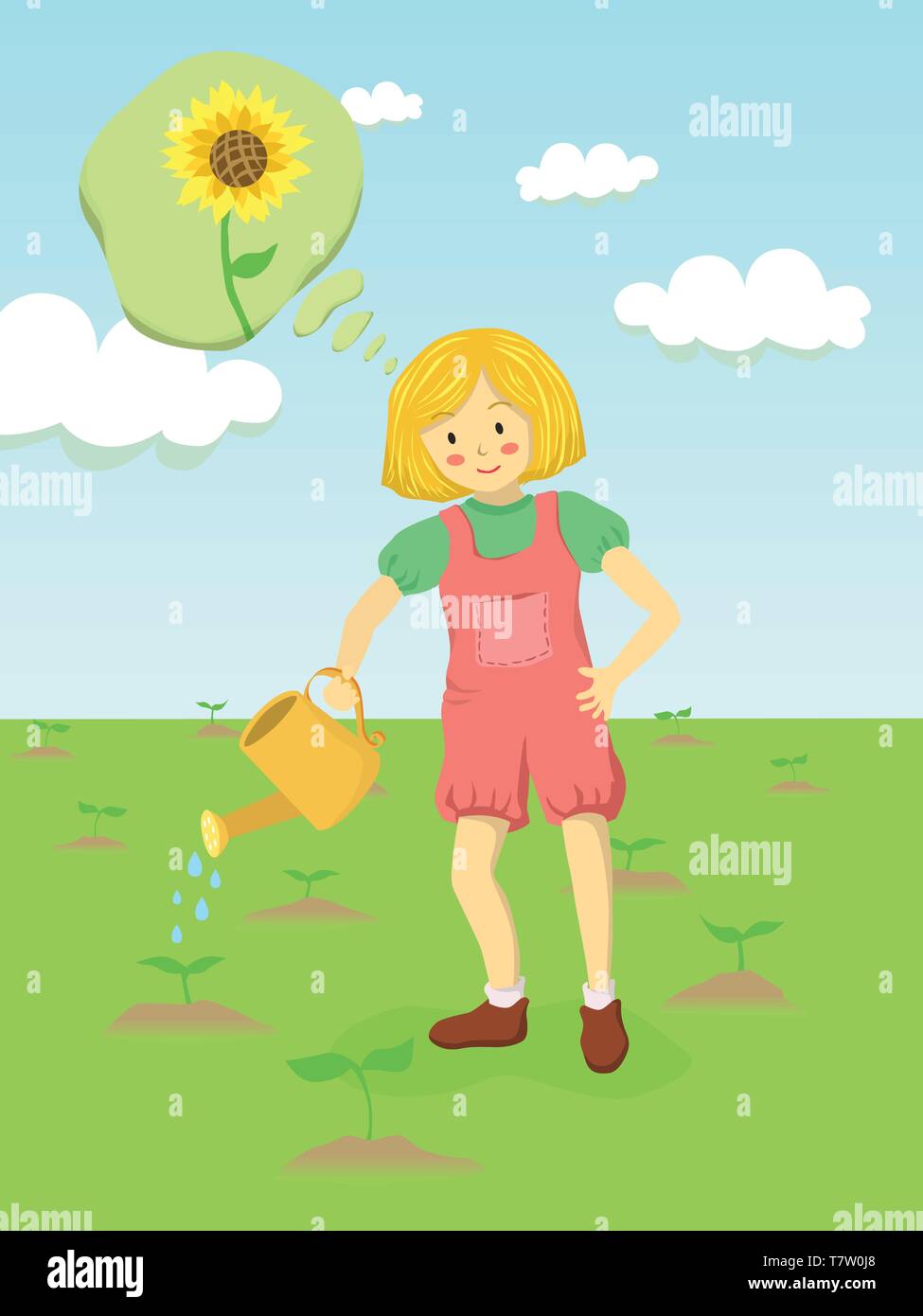 Kleines Mädchen ist die Gartenarbeit und die Bewässerung Sonnenblumen sprießen im Garten. Sie fragen sich, es wird ein Garten mit voller Sonnenblumen. Stock Vektor