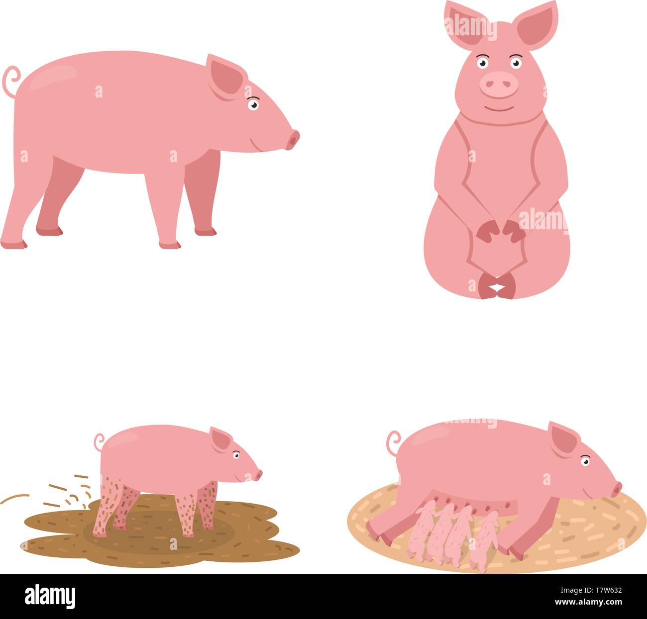 Schwein Icon Set, niedlichen rosa Schwein sitzt, speist seine Kinder und Spaziergänge durch den Sumpf, Tier Vector Illustration Stock Vektor