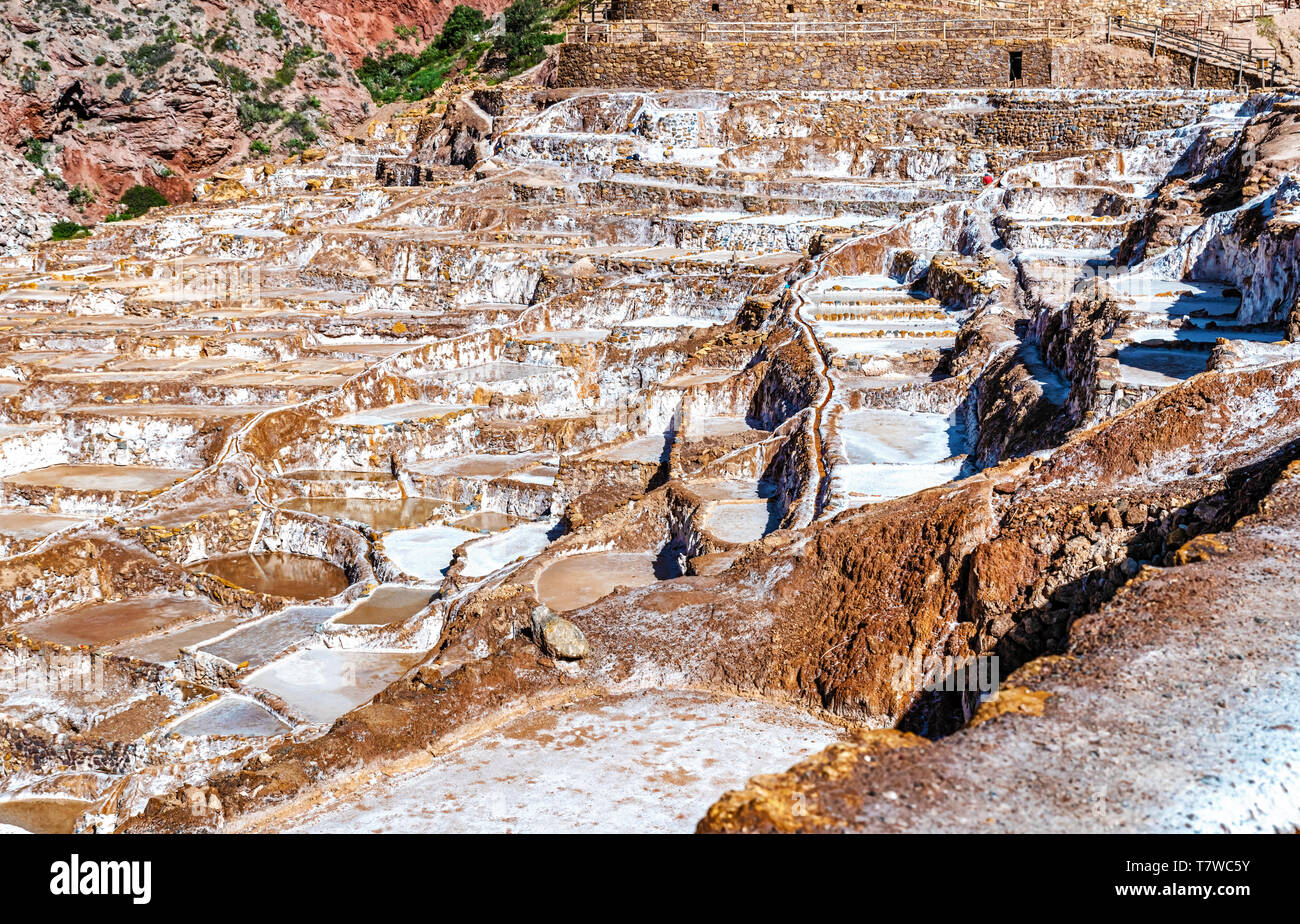 Blick auf Salinas de Maras, Salz Verdunstung Teich auch genannt Salzminen in der Nähe der Stadt von Maras im Heiligen Tal der Inkas und in der Nähe von Cusco in Stockfoto