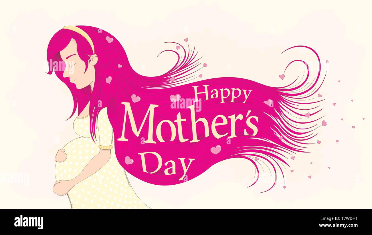 Happy Muttertag Grußkarte. Zeichnung schwangere Frau im gelben Kleid und mit langen magenta Haar mit Herzen, von wo aus die Briefe kommen geschmückt, Stock Vektor
