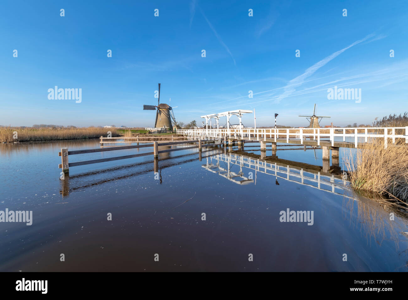 Blue Sky holländische Landschaft mit der Mühle über die weiße Brücke über einem ruhigen und klaren Wasser am frühen Morgen, Niederlande Stockfoto