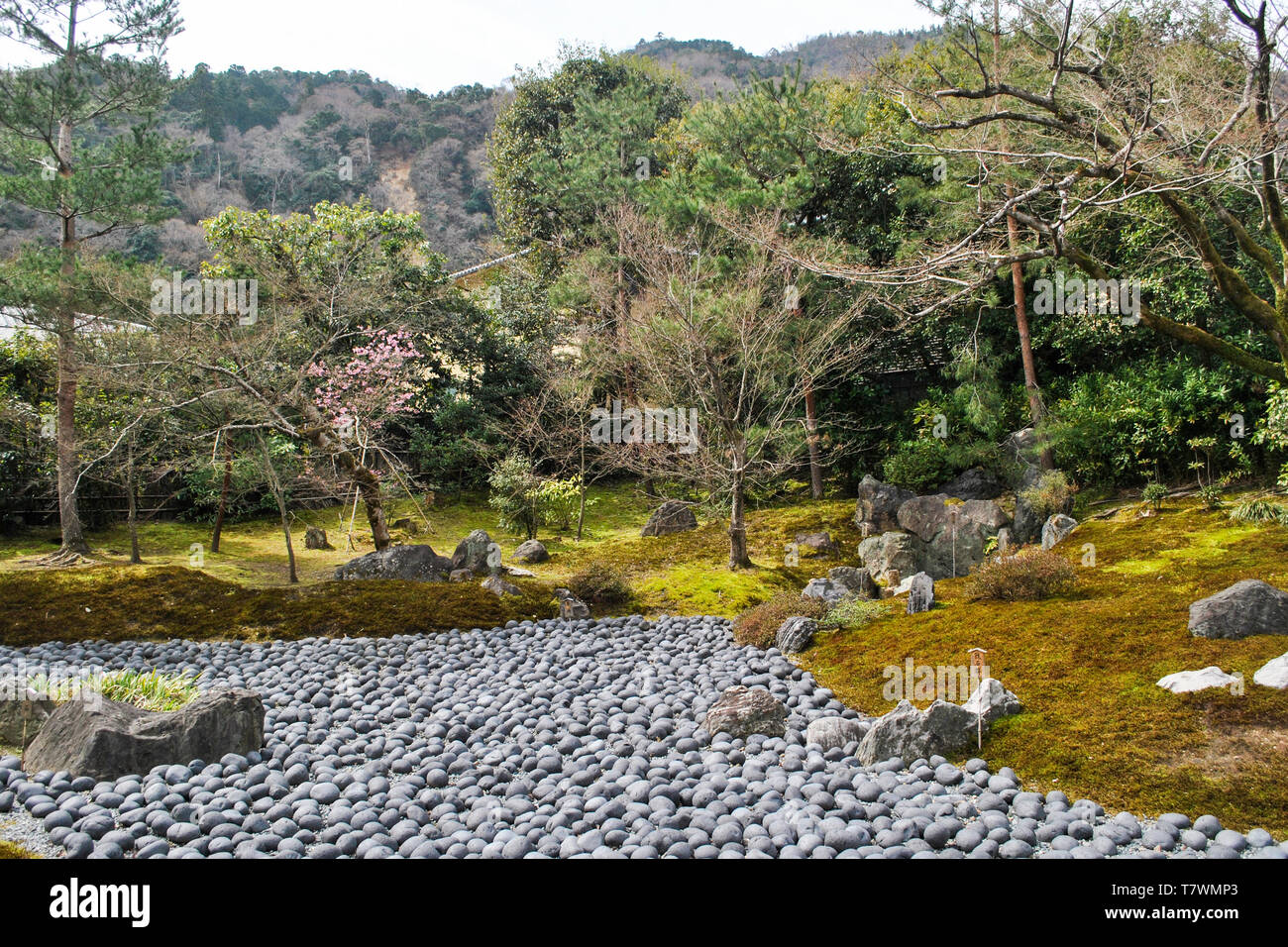 Trockenen Teich symbolisiert das "Meer des Leidens" des menschlichen Lebens. Es ist in der Nähe der Eingang zum Garten der Hogon-in Tempel entfernt. Arashiyama, Kyoto, Japan Stockfoto