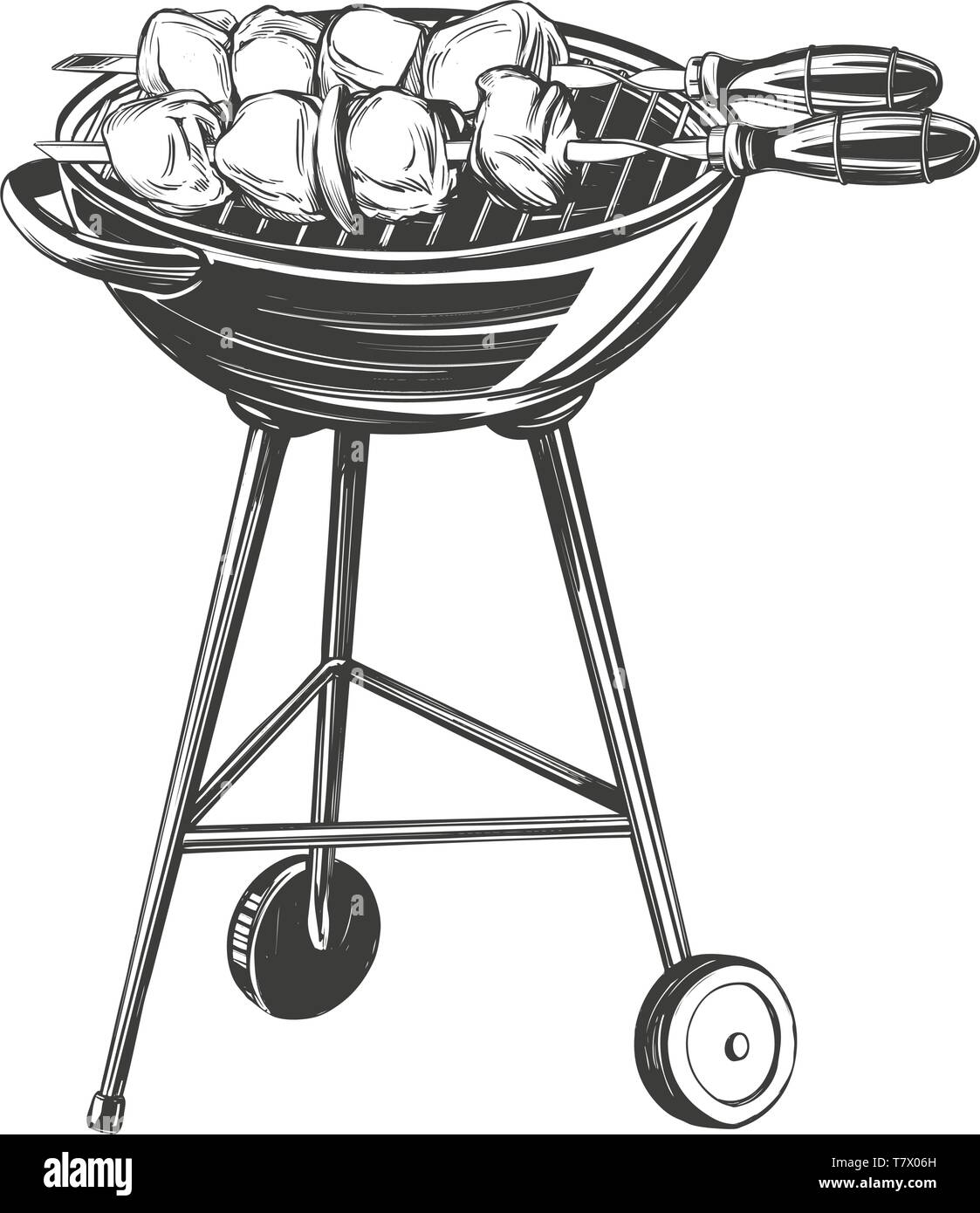 Kebab, Schaschlik, gegrillte Spieße, essen Fleisch, hand Vektor-illustration realistische Skizze gezeichnet Stock Vektor