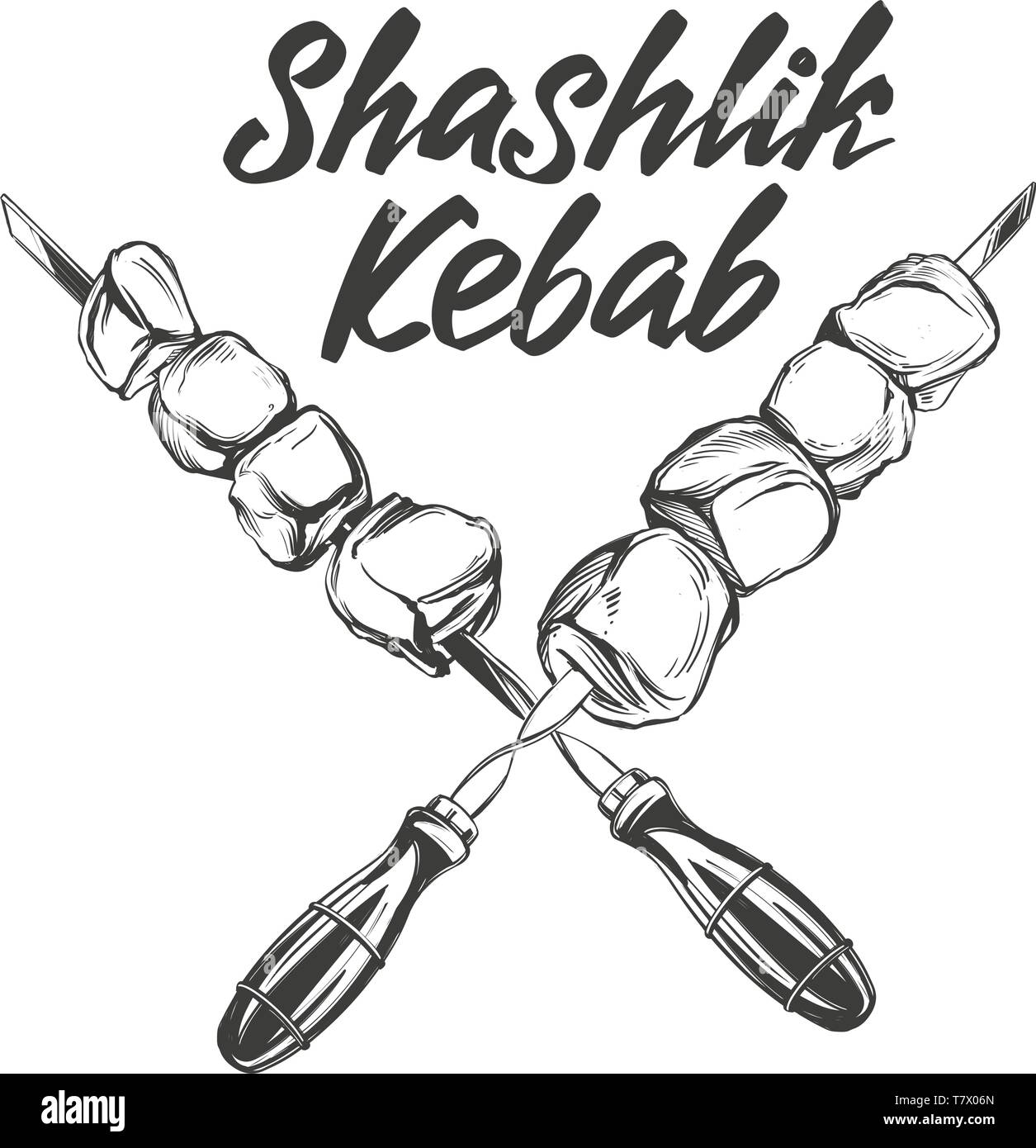 Kebab, Schaschlik, gegrillte Spieße, essen Fleisch, kalligraphische Text von Hand gezeichnet Vektor-illustration realistische Skizze Stock Vektor
