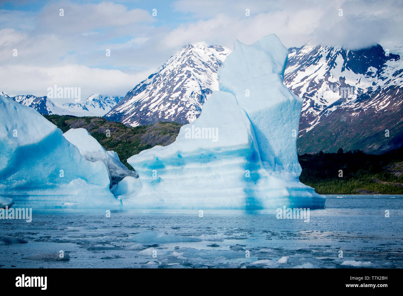 Die knik Gletscher in Alaska. Mangel an Schnee - Abdeckung setzen den Ascheregen vom nahe gelegenen Redoubt Volcano, wodurch die Albedo Effekt. Es gibt Tausende von Gletscher in Alaska und mindestens 616 von ihnen sind benannt. Zusammen sind sie verlieren 75 Milliarden Tonnen Eis jedes Jahr durch das Abschmelzen. Diese Zahl dürfte in den kommenden Jahren zu erhöhen. Mai 2015 Die heißesten in 91 Jahren war. Die blaue Farbe ist natürlich vorkommenden, sondern wird durch underexposing das Bild verbessert. Stockfoto