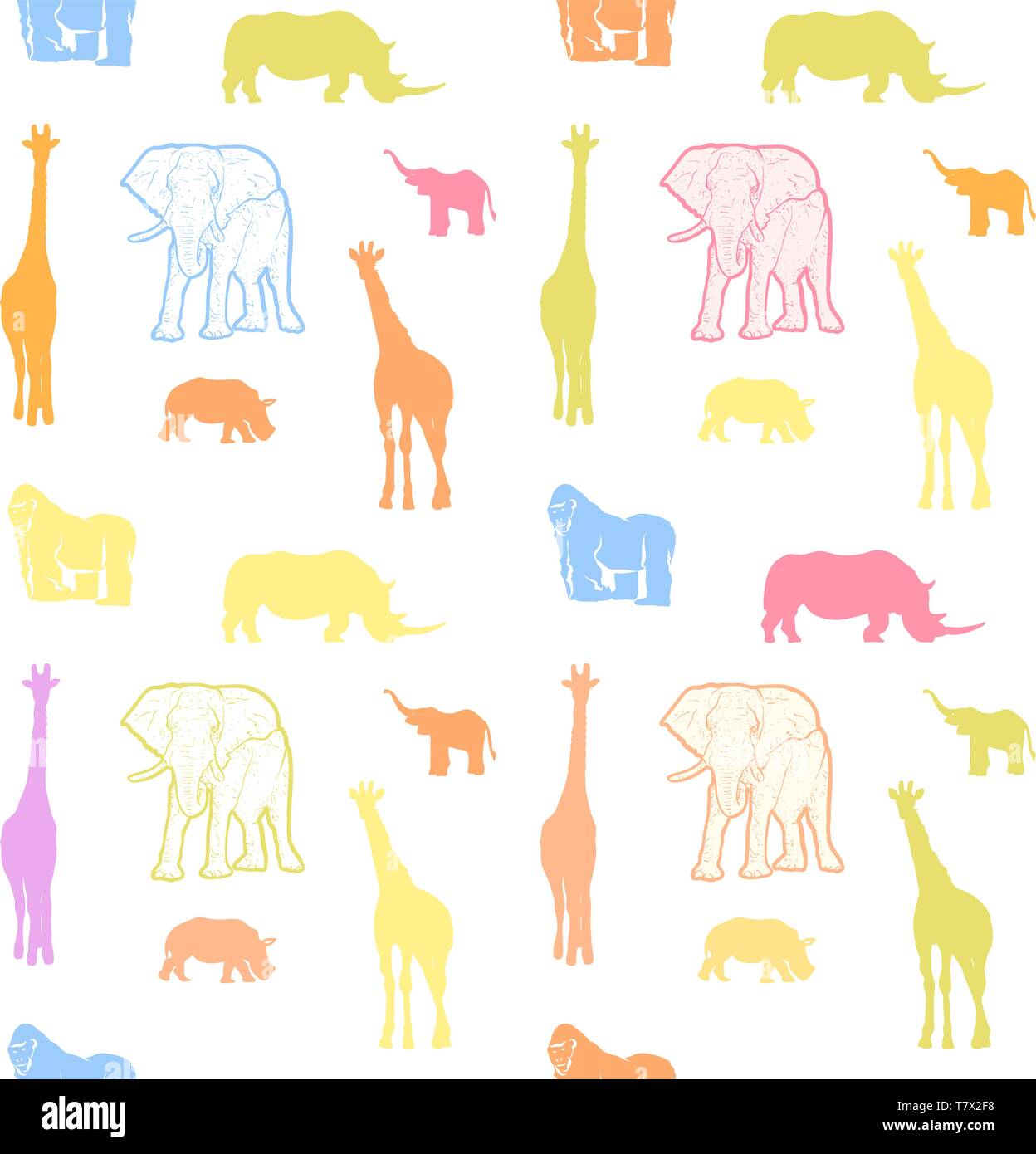 Nahtlose bunte Kinder Tiere Kunst Muster. Gut gestaltete handgezeichnete Silhouetten Druckvorlage für Textildesign. Stock Vektor
