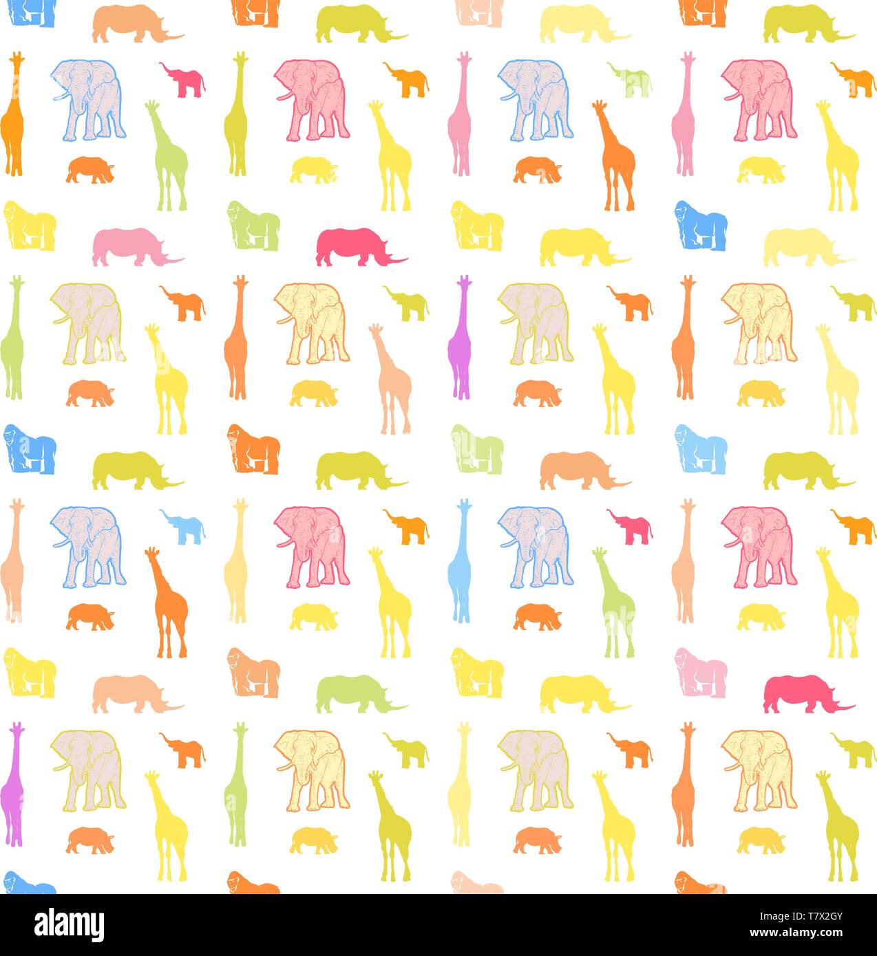 Nahtlose helle wilde Tiere Muster. Gut gestaltete handgezeichnete Silhouetten Druckvorlage für Textildesign. Stock Vektor