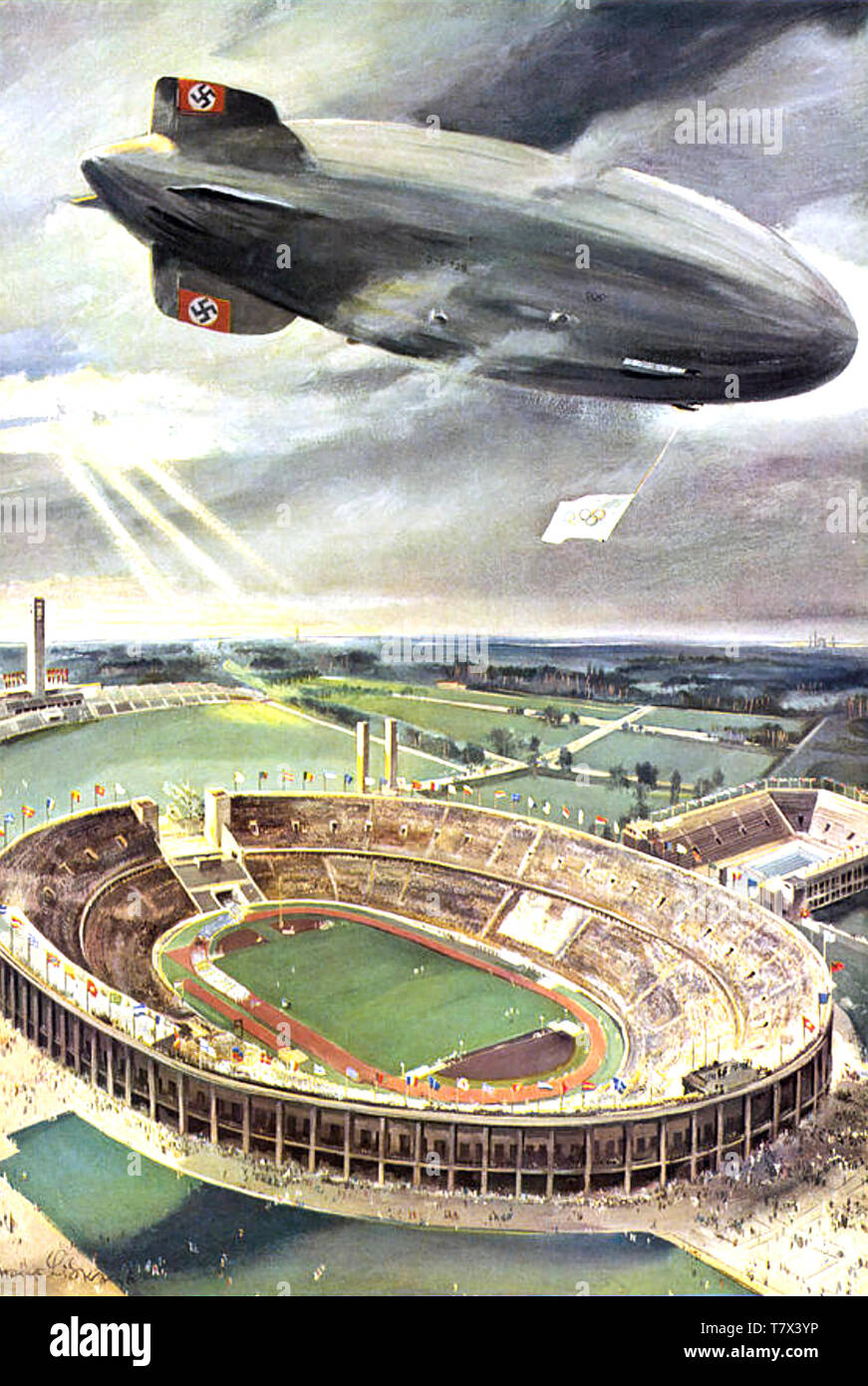 1936 BERLIN OLYMPICS. Zeppelin LZ-129 schwimmt über die Eröffnungszeremonie Stockfoto