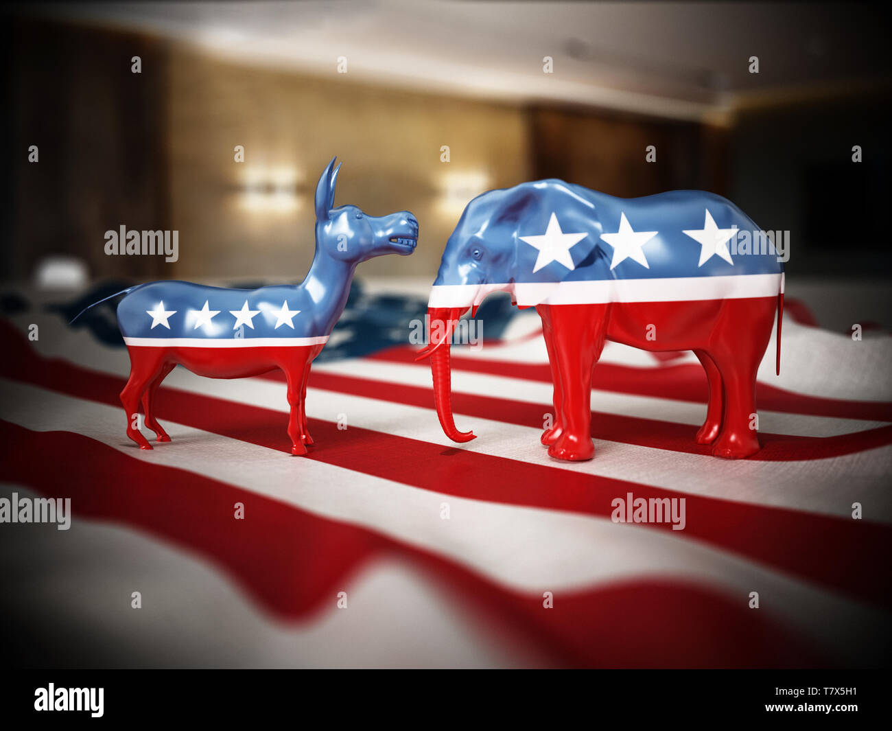 Republikaner und Demokraten Partei politische Symbole Elefant und Esel auf der amerikanischen Flagge. 3D-Darstellung. Stockfoto