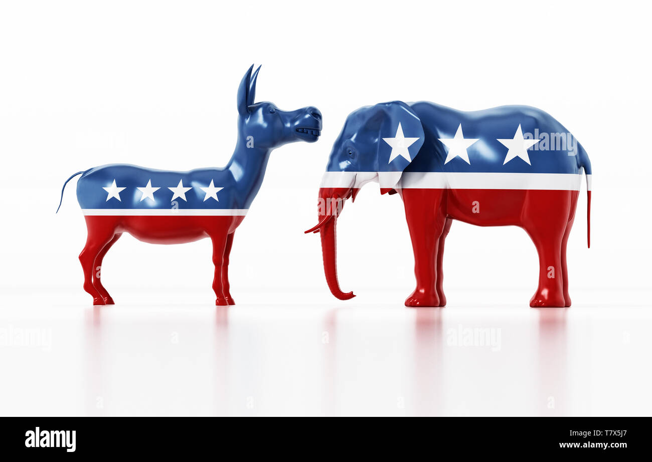 Republikaner und Demokraten Partei politische Symbole Elefant und Esel. 3D-Darstellung. Stockfoto