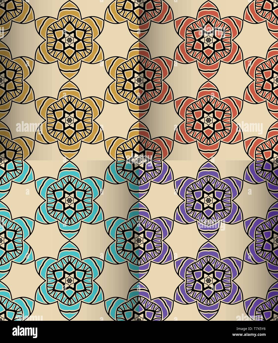 Blume Geometrie nahtlose Muster für Gewebe, Kleidung. Warme Farben Stock Vektor
