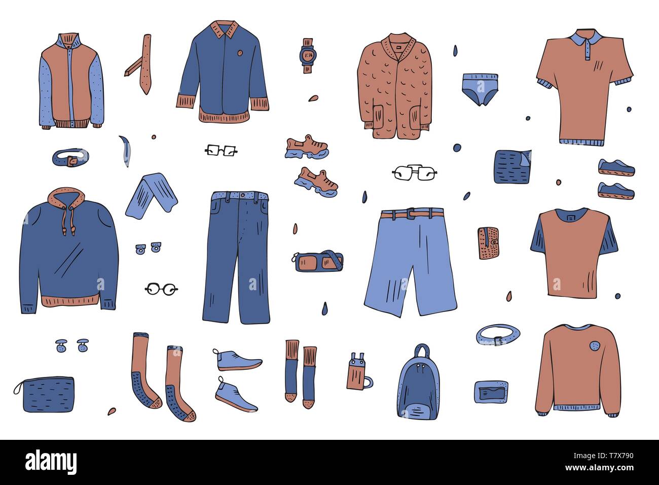 Männer Bekleidung und Accessoires in Doodle style Set. Sammlung der männlichen Kleidung, Schuhe isoliert auf weißem Hintergrund. Vector Illustration. Stock Vektor