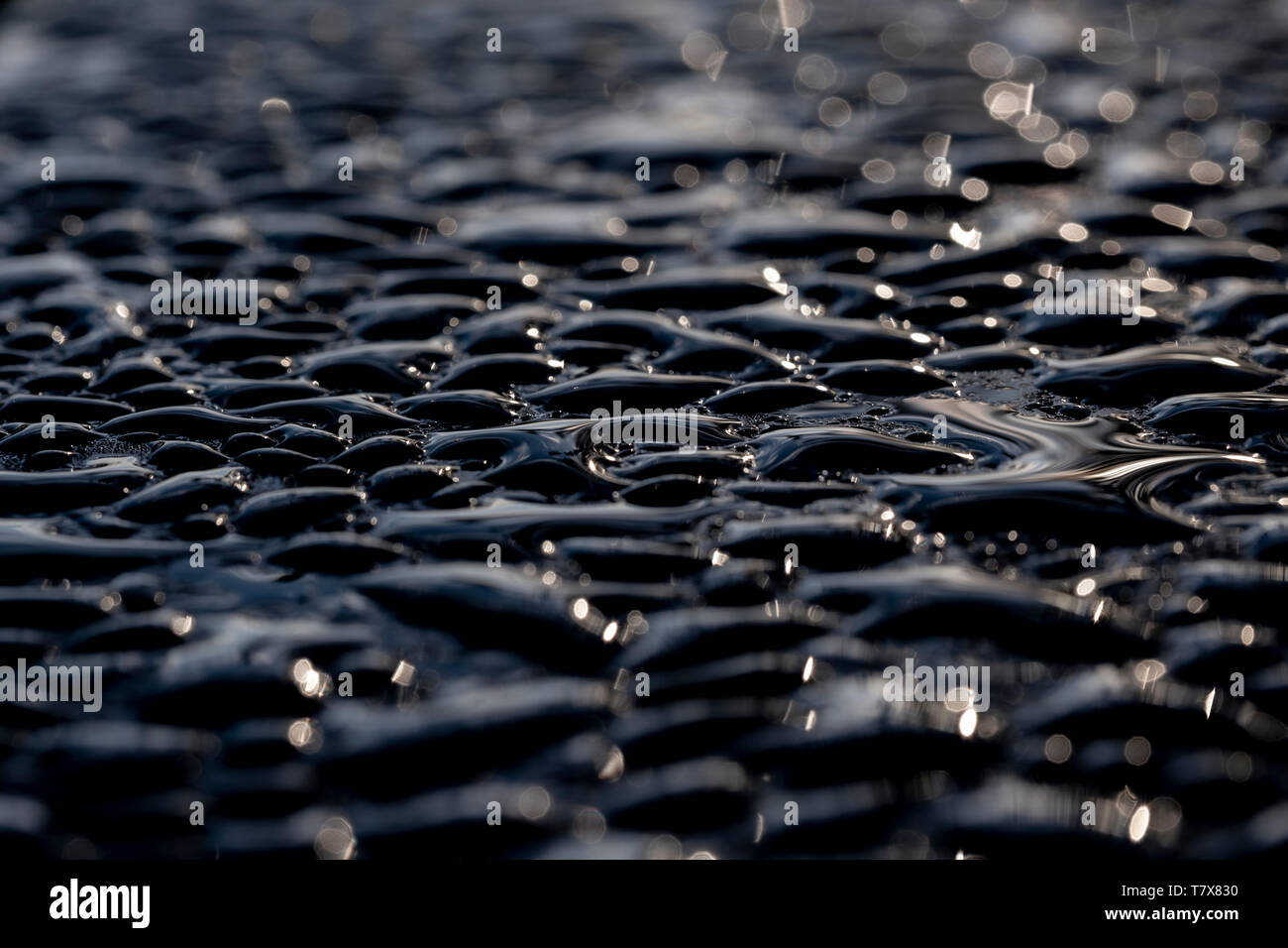 Makro Bild von Wasser Raupe (Tau) auf einem Schwarz Metallic Oberfläche Stockfoto