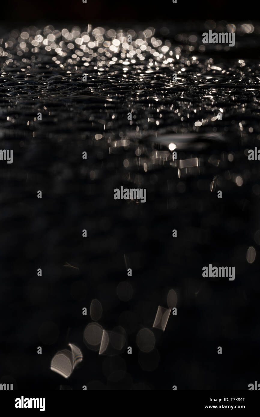 Makro Bild von Wasser Raupe (Tau) auf einem Schwarz Metallic Oberfläche Stockfoto