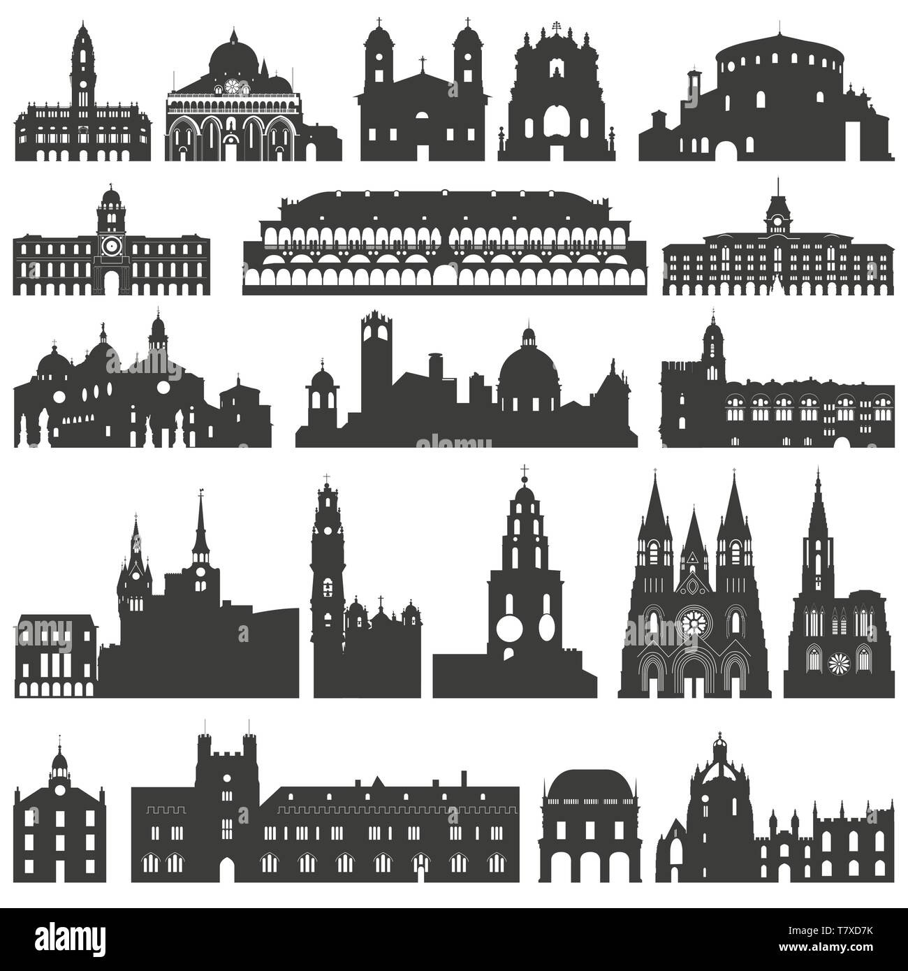 Vektor Ansammlung isolierter Paläste, Tempel, Kirchen, Kathedralen, Schlösser, Rathäuser, Bauten, alte Gebäude und andere architektonische monume Stock Vektor