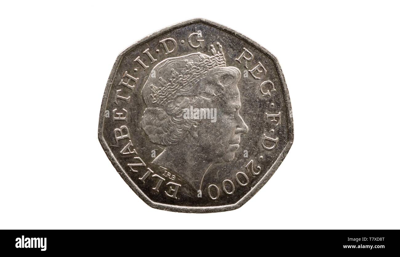 50 Pence Stück, fünfzig Pence Stück, 150-jähriges Jubiläum, in Öffentlichen Bibliotheken Act 1850, Stockfoto