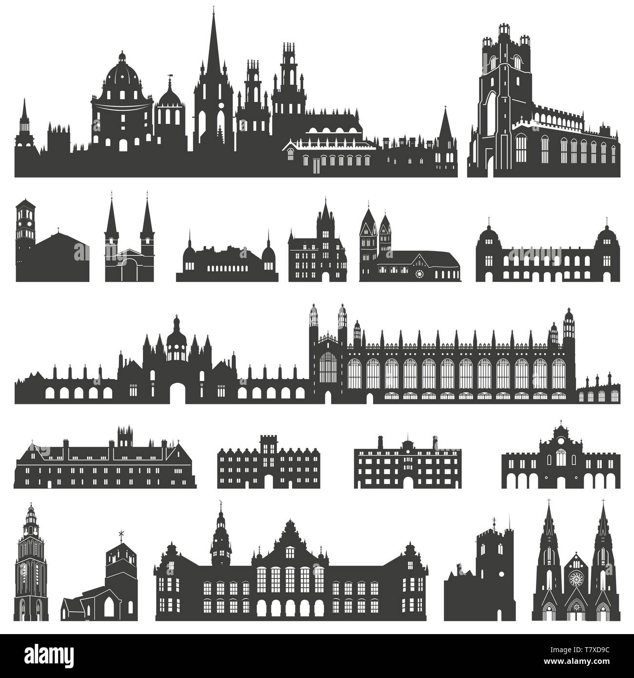 Vektor Ansammlung isolierter Paläste, Tempel, Kirchen, Kathedralen, Schlösser, Rathäuser, Bauten, alte Gebäude und andere architektonische monume Stock Vektor