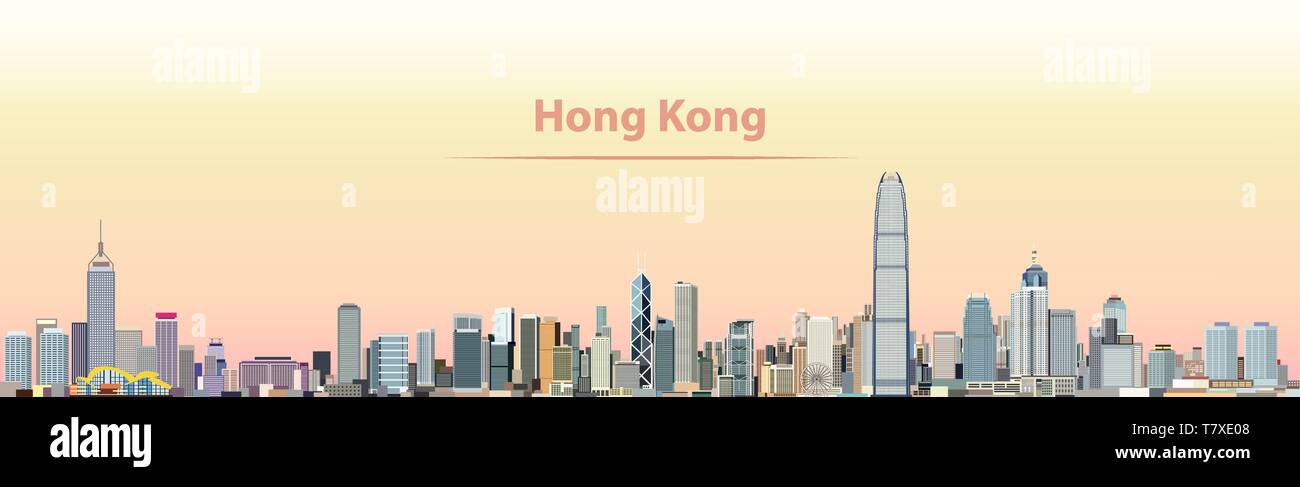 Vector Illustration von Hong Kong Skyline der Stadt bei Sonnenaufgang Stock Vektor