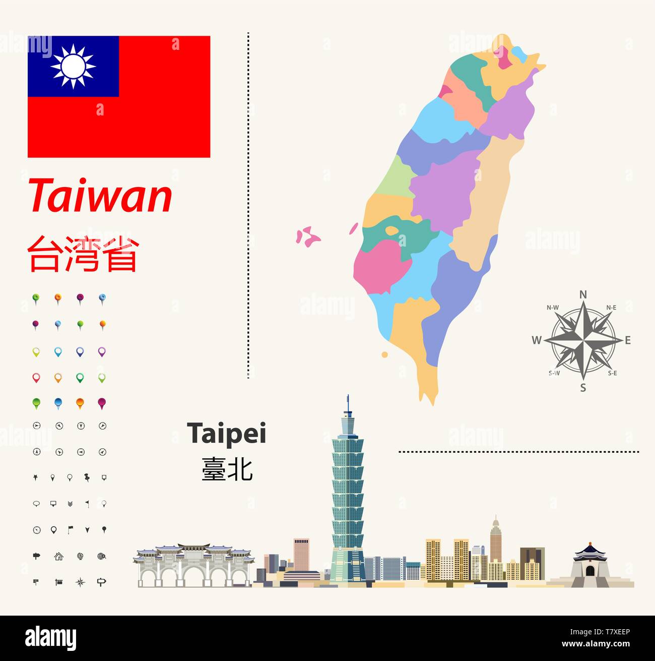 Taiwan Vektor Karte und Flagge. Abstract City Skyline von Taipei. Navigation und Icons Stock Vektor