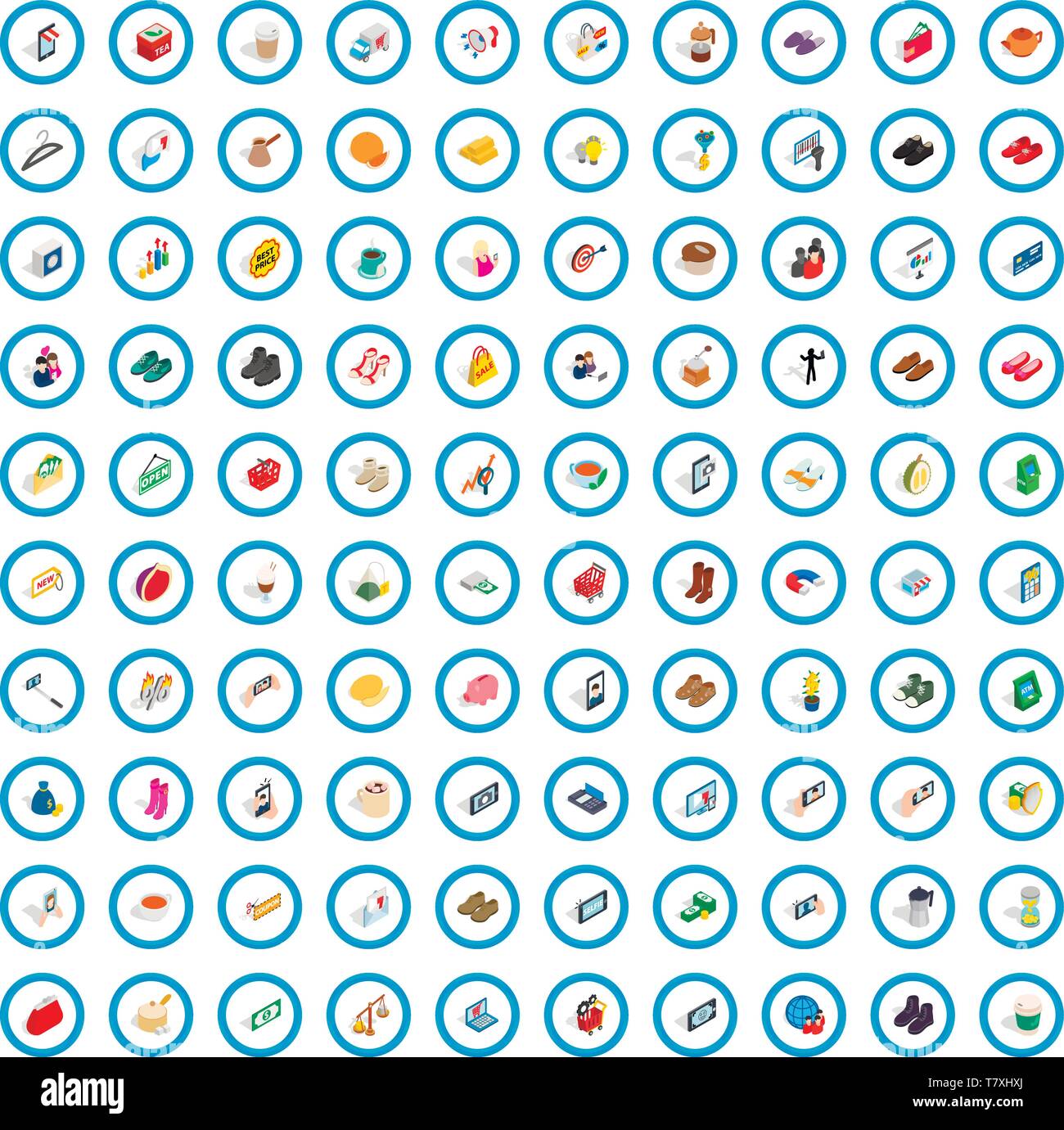 100 Frau shopping Icons Set, isometrischen 3d Stil Stock Vektor