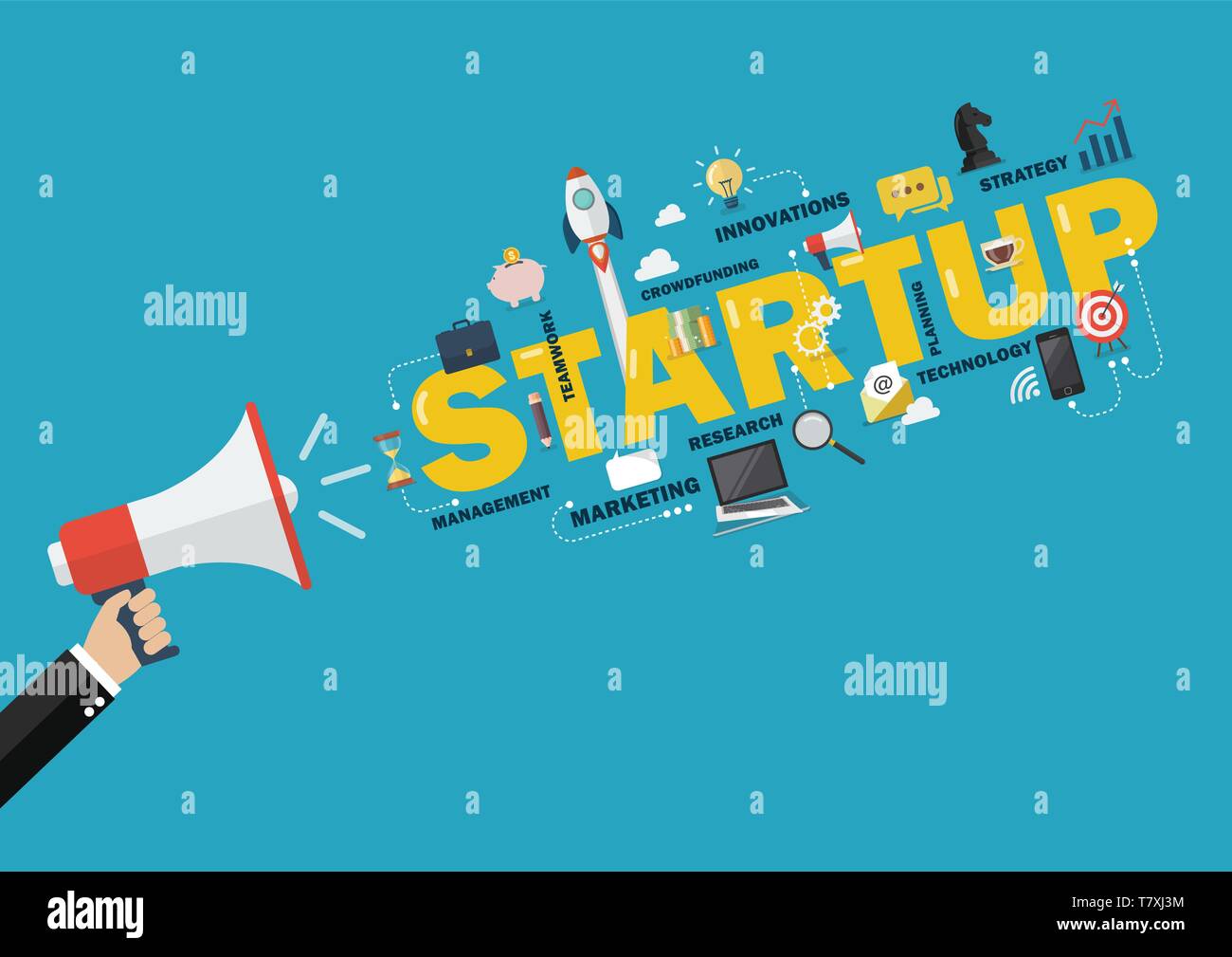 Hand Megaphon mit Word starten. Business Konzept Stock Vektor