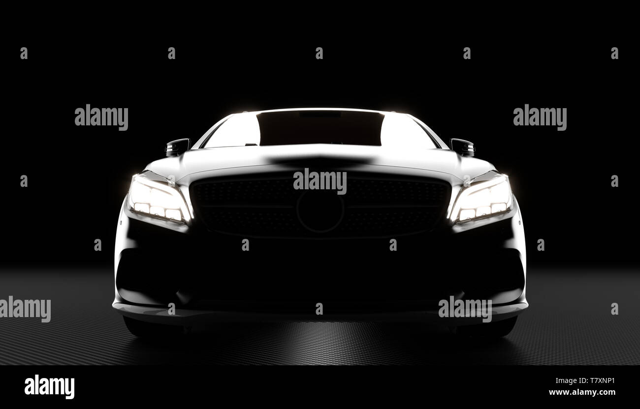 Luxus Auto mit Fernlicht leuchtet im Dunkeln, 3d-Modell, das auf Carbon Hintergrund gerendert. Stockfoto