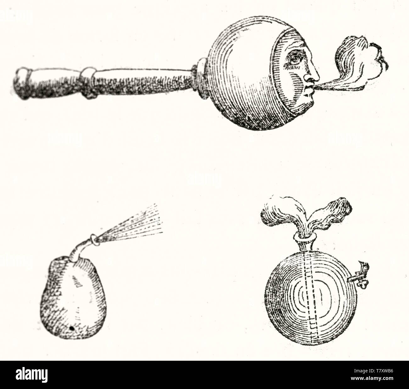 Alte Abbildung zeigt drei verschiedene aeolipiles. Isolierte Objekte eingezeichnet mit einem groben Umrissen Stil, die durch unbekannte Thema publ. Auf Magasin Pittoresque Paris 1848 Stockfoto