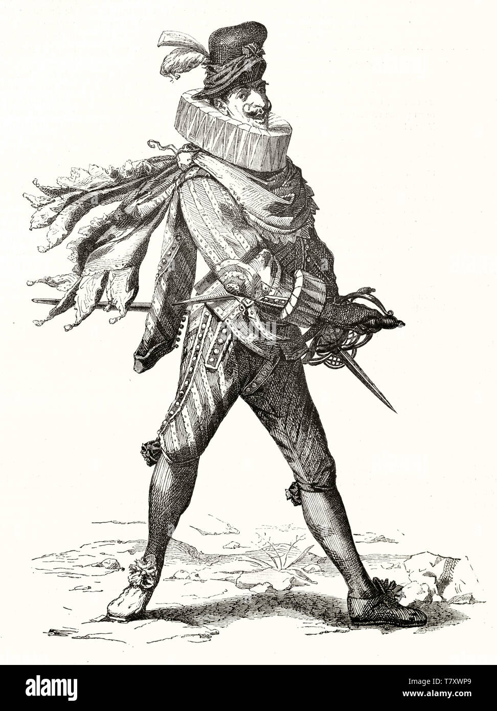 Mittelalterliche Soldat Charakter, voller Körper angezeigt, mit sehr reichen Kleidung im Akt der sein Schwert. Alte Abbildung: Capitan Matamoros (Italienische Commedia dell'Arte). Magasin Pittoresque Paris 1848 Stockfoto
