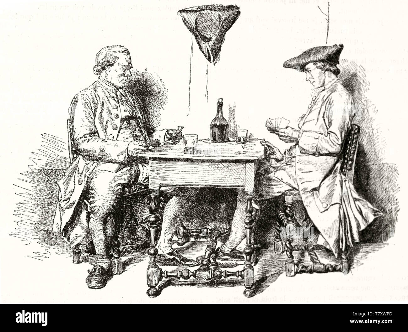 Zwei mittelalterlichen eleganten Menschen Karte auf einen kleinen Tisch und tranken Wein. Alten grauen Ton Abbildung zeigt zwei Spieler. Nach Messoinier publ. Auf Magasin Pittoresque Paris 1848 Stockfoto