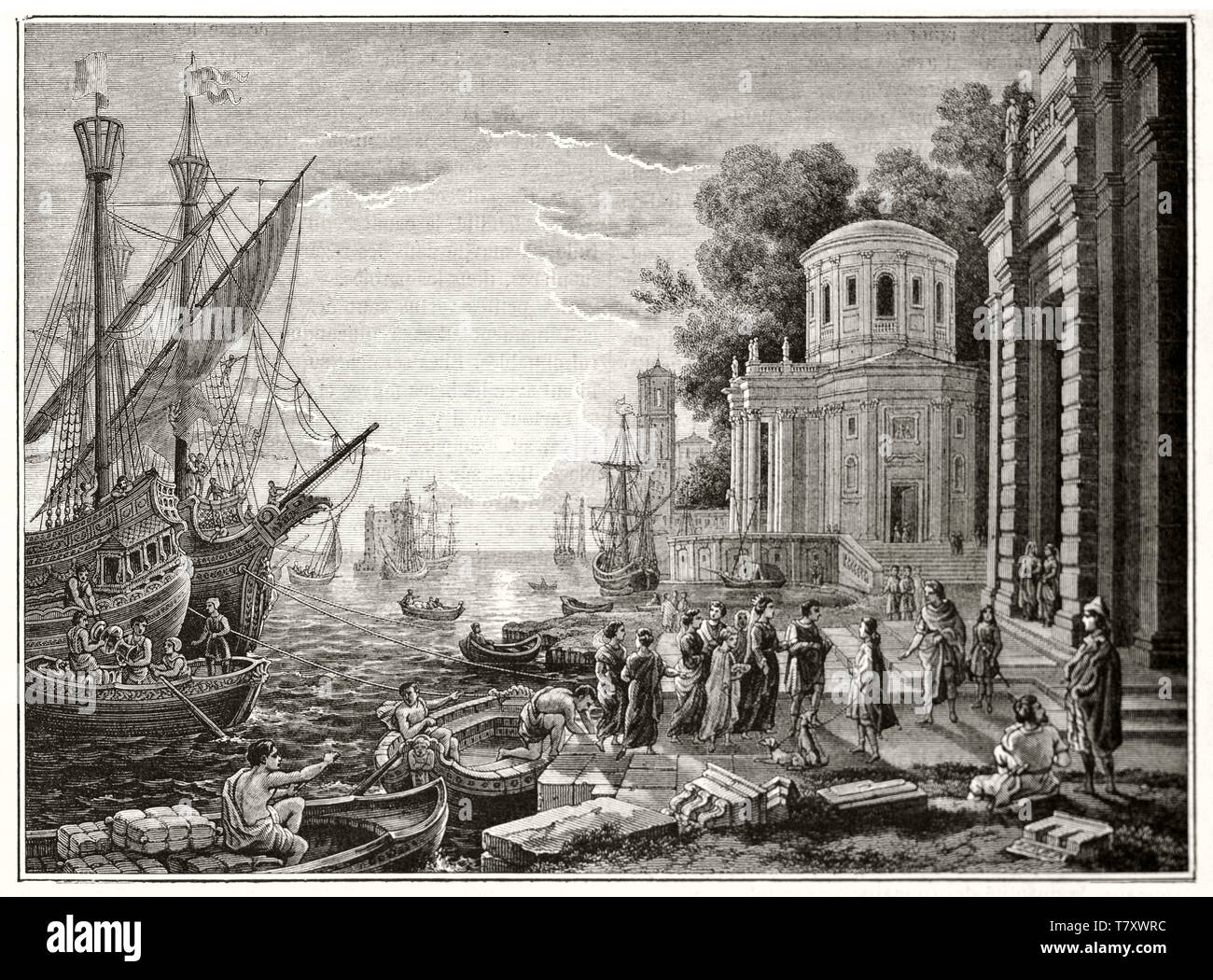Die ausschiffung der Kleopatra in Tarsus antike Radierung reichen von klassischen Elementen wie Gebäude, Schiffe, das Meer und den Sonnenuntergang alle in eine wunderbare Komposition arrangiert. Magasin Pittoresque 1848 Stockfoto