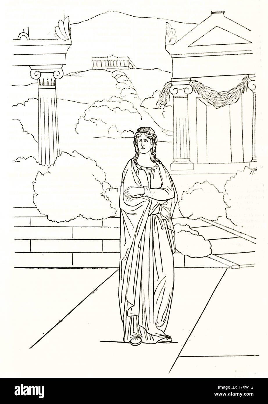 Electra (Sophokles griechische Tragödie Charakter) über eine hellenistische Hintergrund eingezeichnet in eine minimale Konturlinie Stil. Durch Etex publ. Auf Magasin Pittoresque Paris 1848 Stockfoto