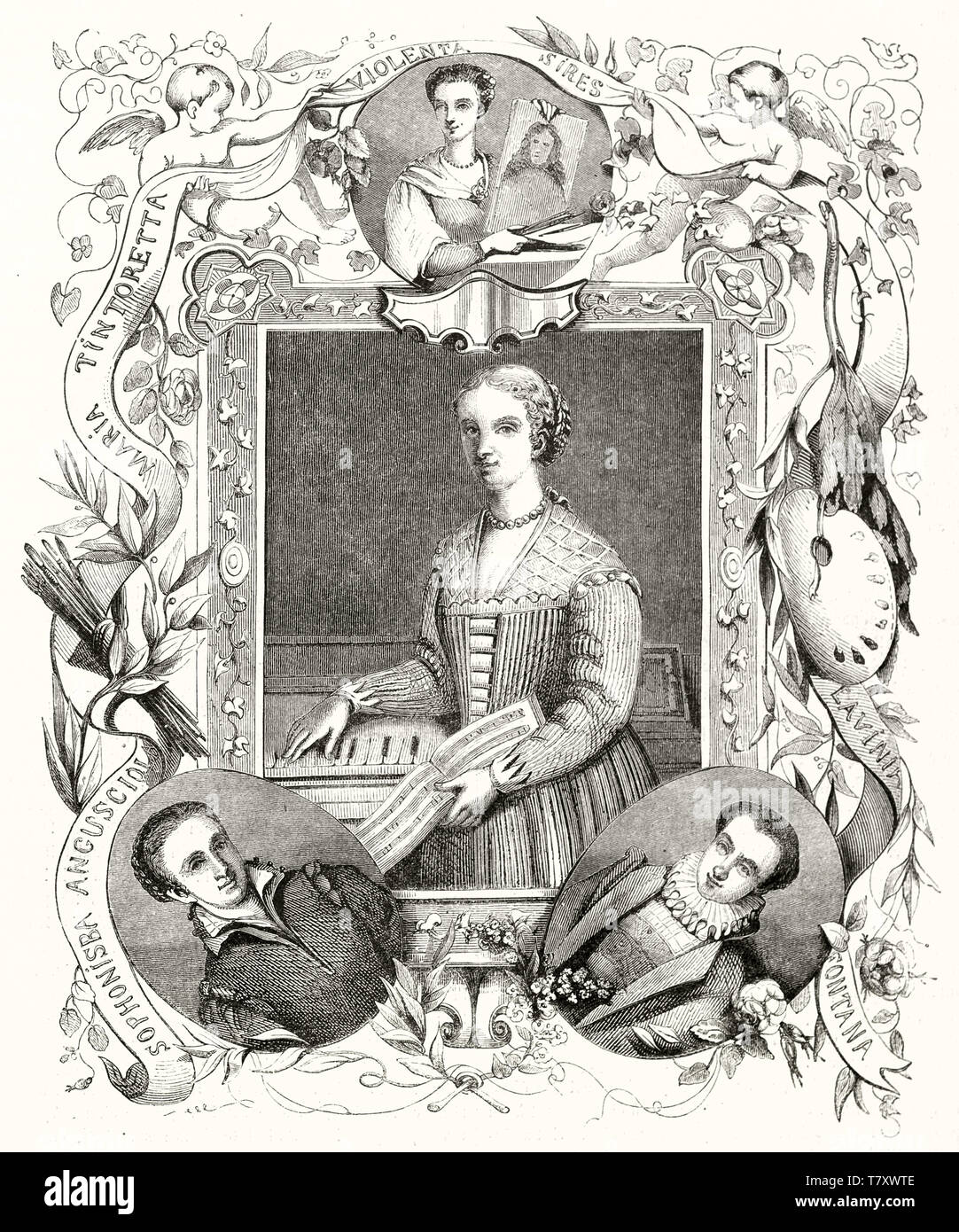 Vier Selbstporträts von Malerinnen in einem Wirbel florale Komposition holded durch zwei Putten und oval Frames angeordnet. Publ. Auf Magasin Pittoresque Paris 1848 Stockfoto