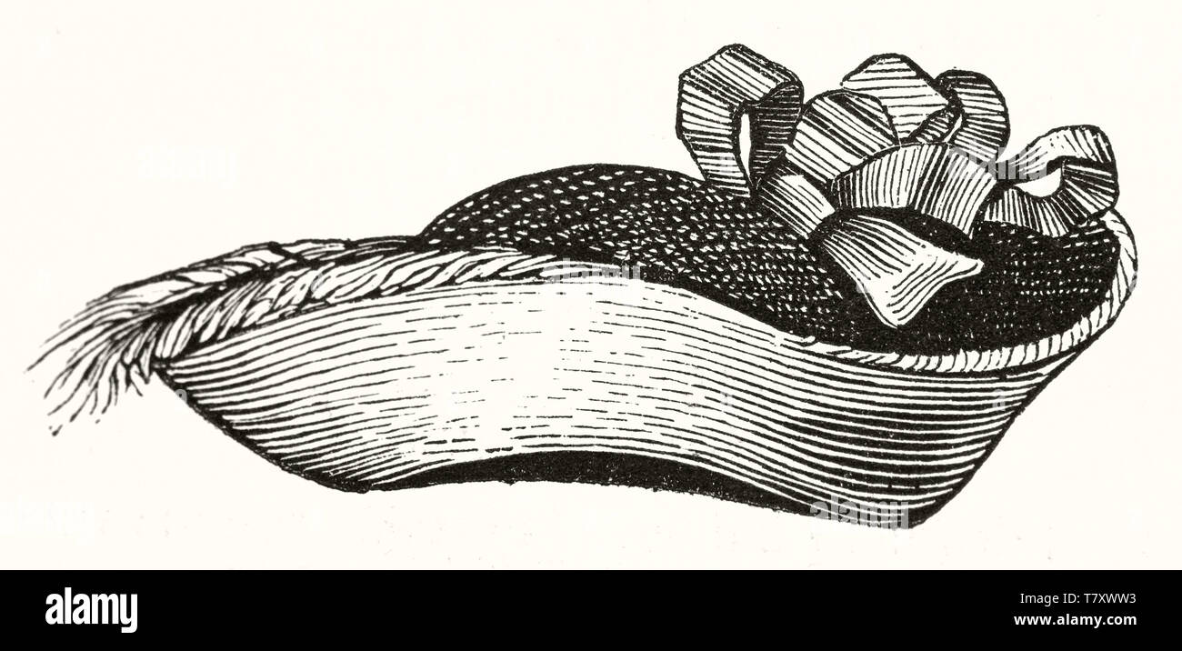 Einzelne isolierte schwarze und weiße 17. Jahrhundert französische Hut mit einer Band auf der Oberseite. Alte Abbildung von nicht identifizierten Thema publ. Auf Magasin Pittoresque Paris 1848 Stockfoto