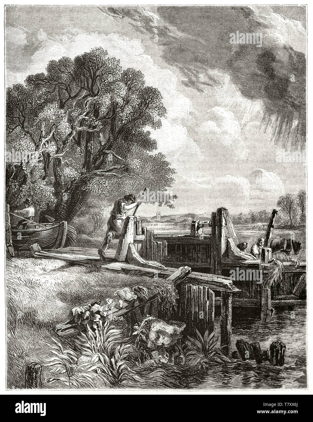 Mann die Verwaltung eine Sperre entlang eines Flusses von der Natur umgeben. Wunderbare Radierung stil Abbildung mit grauen Tönen von bruteiern Texturen gemacht. Durch Marvy publ. Auf Magasin Pittoresque Paris 1848 Stockfoto