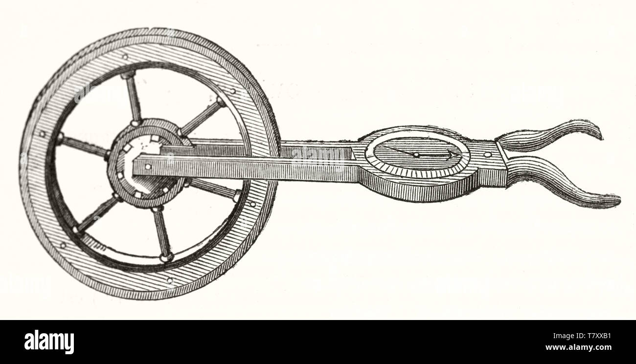 Antike Kilometerzähler Abbildung. Isolierte einzelne wissenschaftliche Gerät zur Messung der Entfernung von einem Fahrzeug zurückgelegten verwendet. Radierung stil Bild von Sotain publ. Auf Magasin Pittoresque Paris 1848 Stockfoto