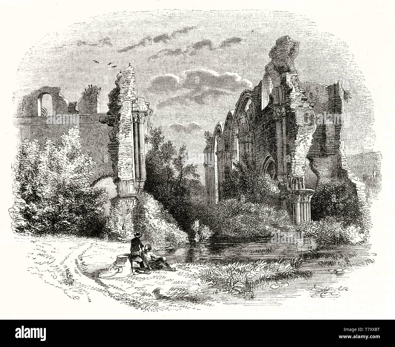 Paar kleine Menschen, die allein in der Nähe der Ruinen einer alten Abtei von der Natur umgeben. Alte Ansicht von Orval Abbey Ruinen Belgien. Die durch unbekannte Thema publ. Auf Magasin Pittoresque Paris 1848 Stockfoto