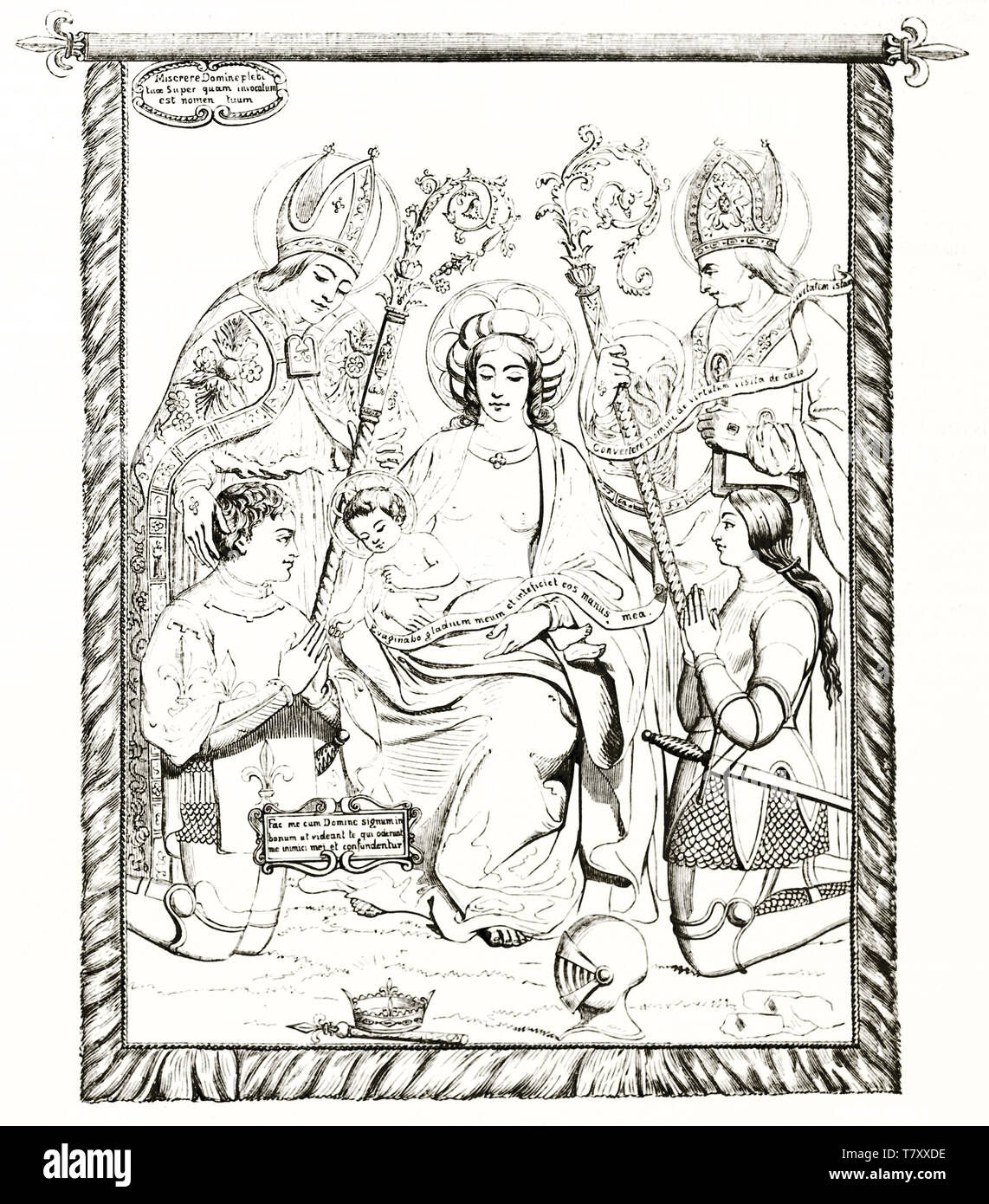 Alte Könige beten auf ihre Knie an die heilige Mutter, die ihr Kind halten zwischen zwei Päpste. Die Vervielfältigung von Jeanne des Bogens alten Prozessionsweg Flagge. Von unbekannter Autor, Magasin Pittoresque Paris 1848 Stockfoto