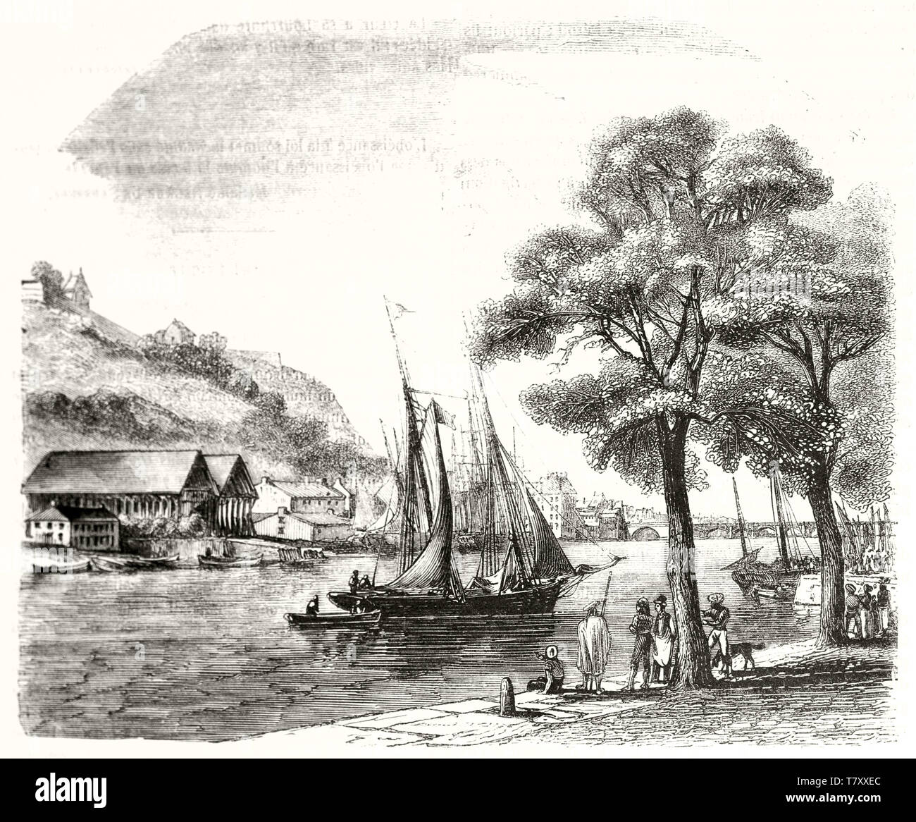 Vintage Radierung stil Landschaft konzentrierte sich auf einem alten Segelboot auf einen ruhigen Hafen innerhalb eines Golf angedockt. Saint-Esprit Bereich Bayonne Frankreich. Durch Morel-Fatio publ. Auf Magasin Pittoresque Paris 1848 Stockfoto