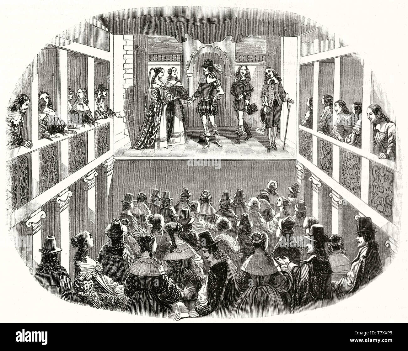 Allgemeine Ansicht eines alten Showroom in Paris, Louis XIII Alter, reich an aristocratyc Menschen an die Models auf der Bühne. Nach Chauveau publ. Auf Magasin Pittoresque Paris 1848 Showroom Stockfoto