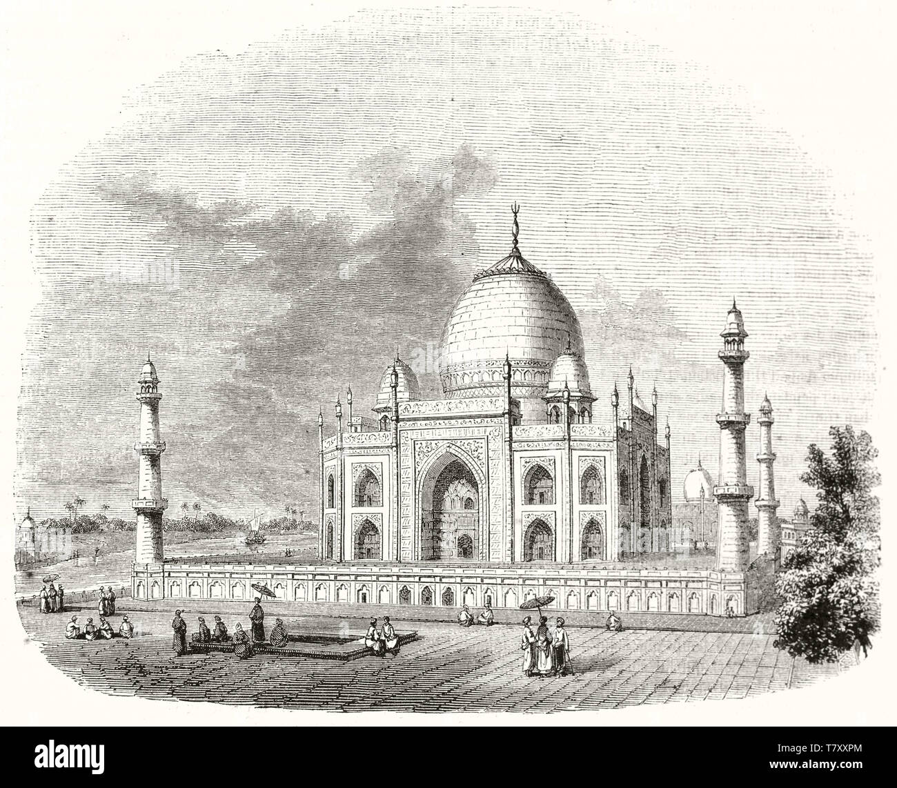 Alte Gesamtansicht des Taj Mahal in Agra Indien, in einem Jahrgang Radierung stil Abbildung angezeigt. Eines der sieben Weltwunder. Antike Kunst von Freeman publ. Auf Magasin Pittoresque Paris 1848 Stockfoto