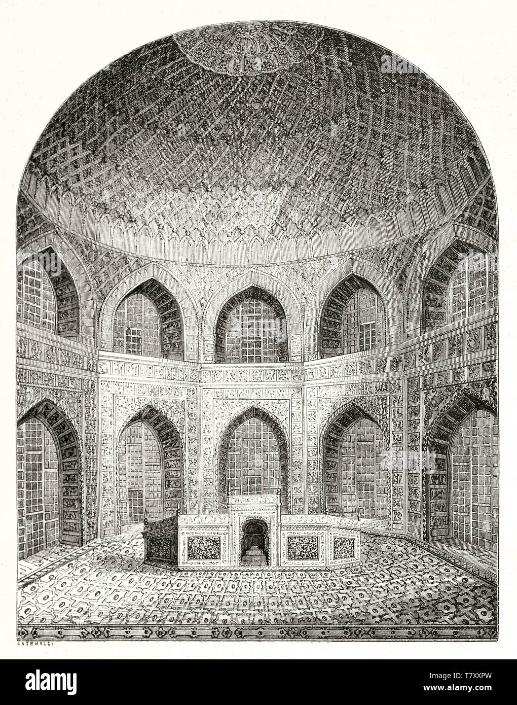 Alte globale Sicht der Taj Mahal achteckigen Zimmer Agra Indien angezeigt in einer Radierung stil Abbildung in einem gewölbten vertikalen Rahmen angeordnet. Durch Catenacci publ. Auf Magasin Pittoresque Paris-1848 Stockfoto