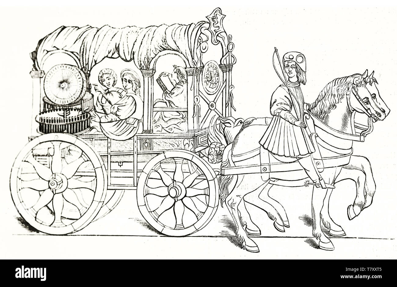 Mittelalterliches Gerät auf einem Wagen durch Pferde gezogen installiert. Alte Abbildung: Darstellung von vitruvius Kilometerzähler. Überblick Abbildung von nicht identifizierten Thema publ. Auf Magasin Pittoresque Paris 1848 Stockfoto