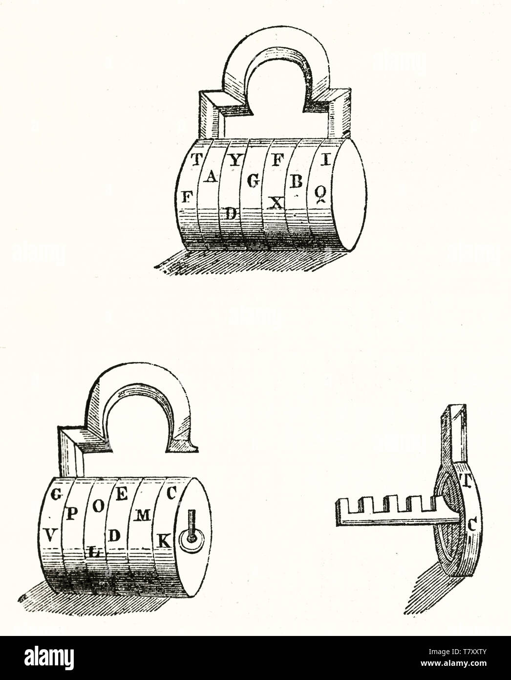 Alte Abbildung des alten wordlock. Isolierte Gerät angezeigt Offen und Geschlossen, auf weißem Hintergrund. Die durch unbekannte Thema publ. Auf Magasin Pittoresque Paris 1848 Stockfoto