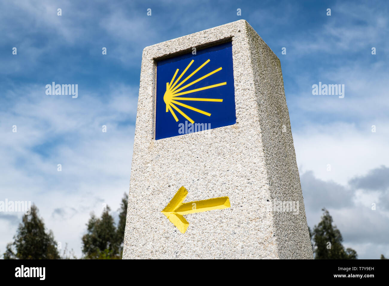 Meilenstein Zeichen des Camino de Santiago. Pilgerfahrt nach Santiago de Compostela anmelden Stockfoto