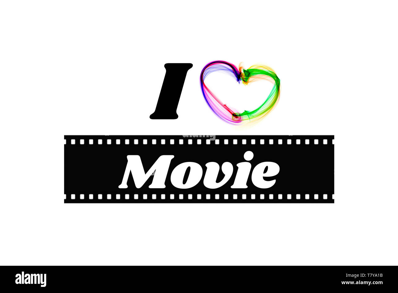 Ich liebe Film. Wort auf einer Filmrolle auf weißem Hintergrund Stockfoto