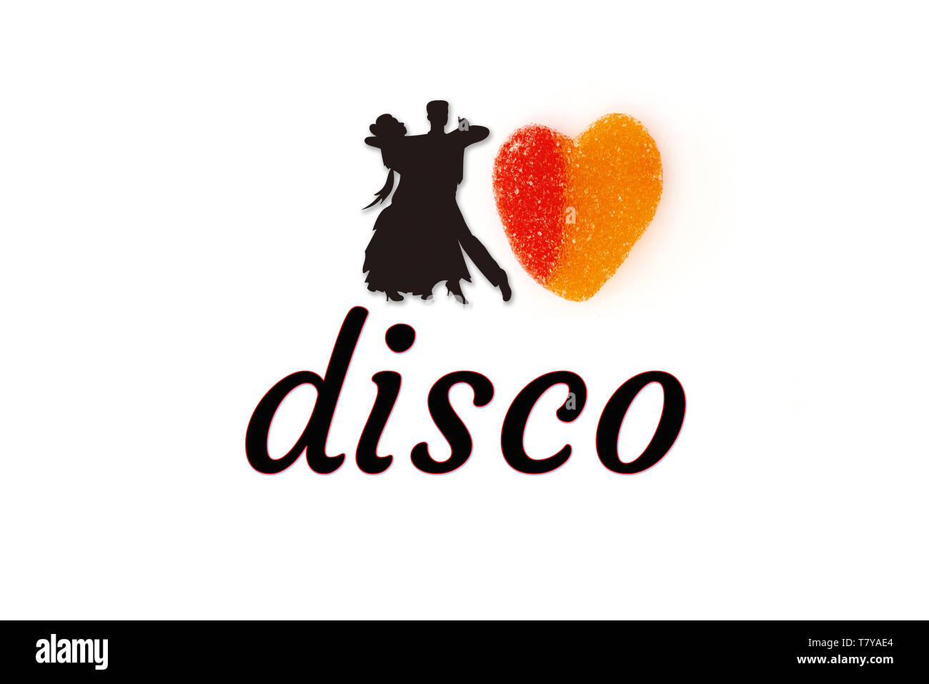 Ich liebe Disco mit die schwarze Silhouette des tanzenden Paares und das süße Herz Stockfoto